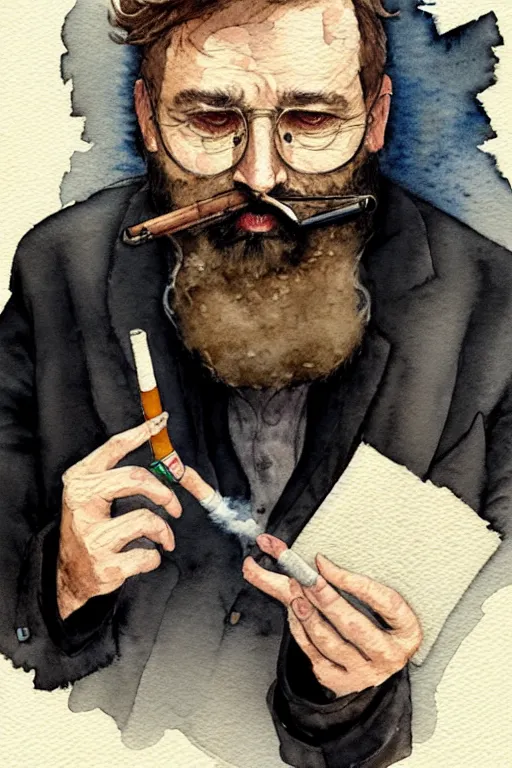 Image similar to portrait of a middle - aged writer with a beard, he is smoking a cigarette, watercolor style of greg rutkowski