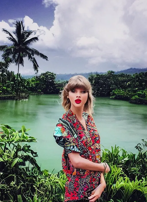 Prompt: taylor swift wearing batik bali in bali. temple, lake, rice field, ocean. front view. instagram closeup holiday photo shoot, perfect faces, beautiful lighting