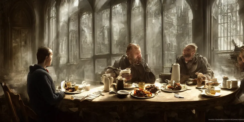 Image similar to an english man and a Chtulhuhaving breakfast in the morning, light coming through window, hitting on the table, they sat on a chair, in the style of harry potter, volumetric lighting, cinematic composition, 8K wallpaper, hypermaximalist, hyper realistic, super detailed, octane,illustration, art by Krenz Cushart, fantasy, intricate, elegant, highly detailed, digital painting, artstation, concept art, smooth, sharp focus, illustration