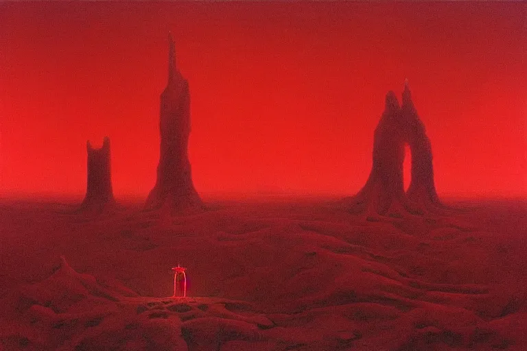 Image similar to only with red, red god of death eat apple, a futuristic city on mars in the background, red worms on the floor, in the style of beksinski, part by hopper, part by rodcenko, part by hofbauer, intricate composition, red by caravaggio, insanely quality, highly detailed, masterpiece, red light, artstation, 8 k