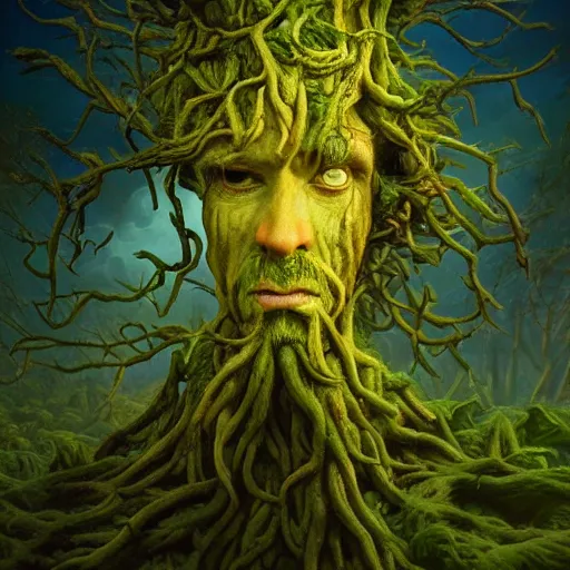 Prompt: masterpiece closeup portrait of Tree Plant-Person in a surreal dream landscape, cinematic lighting, Michael Whelan