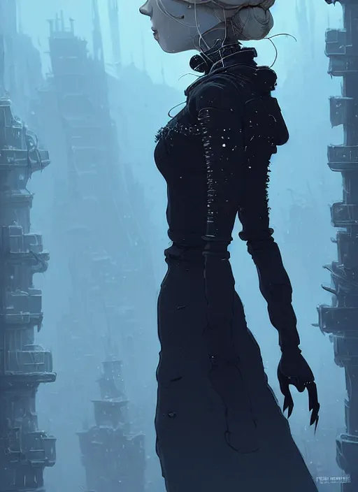 Image similar to highly detailed portrait of a giddy frostpunk long blonde hair lady with short form fitting black dress, stray wiring by atey ghailan, james gilleard, by joe fenton, by greg rutkowski, by greg tocchini, by kaethe butcher, 4 k resolution, gradient blue, black and white color scheme!!! ( ( glaciated robotic dystopian city background ) )