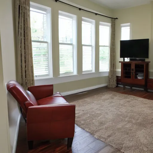 Prompt: showcase living room with recliner, bay window, table, tv