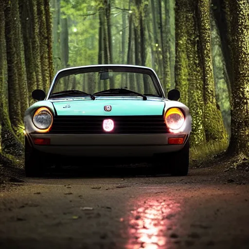 Prompt: fiat 1 2 4 in the dark forest, night, headlights on