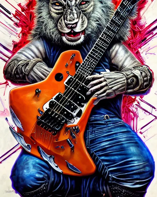 Image similar to a portrait of an anthropomorphic cyberpunk roaring lion shredding an electric guitar as the guitar melts by sandra chevrier, by jon foster, detailed render, tape deck, epic composition, cybernetics, 4 k realistic, cryengine, realistic shaded lighting, sharp focus, masterpiece, by enki bilal