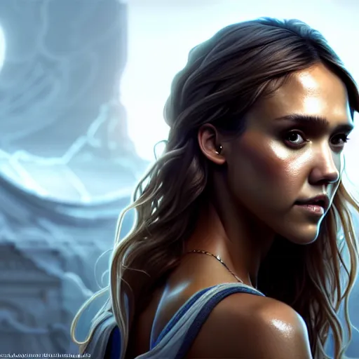 Image similar to beautiful digital painting jessica alba the thing with high detail, 8 k, stunning detail, photo by artgerm, greg rutkowski and alphonse mucha, unreal engine 5, 4 k uhd