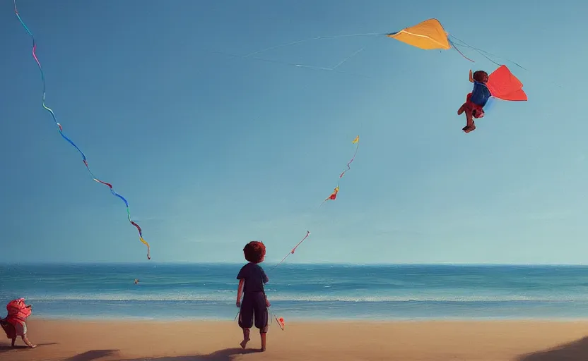 Prompt: child flying a kite at the beach by atey ghailan and garmash, michael, cinematic, volumetric lighting