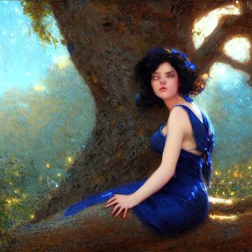 Image similar to portrait of a strong woman resting on a large tree, short black hair, decorative dark blue clothing, bare legs sharp focus, ultra realistic digital painting, colorful, cinematic lighting, high fantasy, intricate, highly detailed, smooth, elegant, gaston bussiere, bayard wu, greg rutkowski