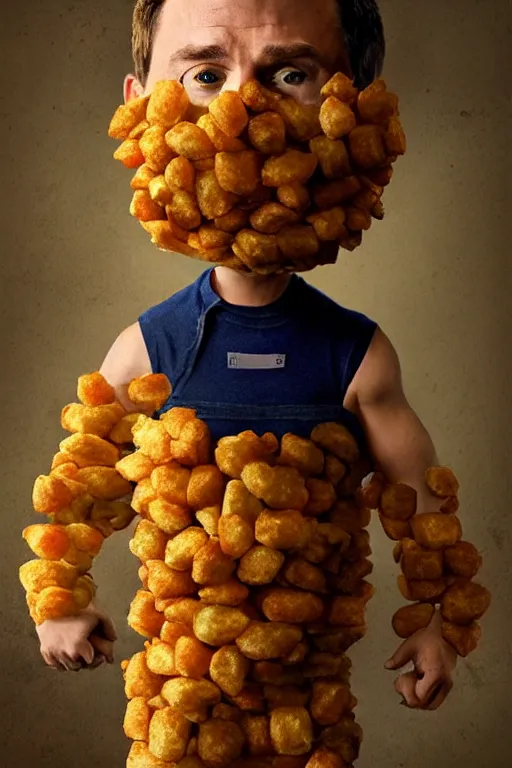 Image similar to channing tatum in a tater tot costume, oil on canvas, intricate, portrait, 8 k highly professionally detailed, hdr, cgsociety