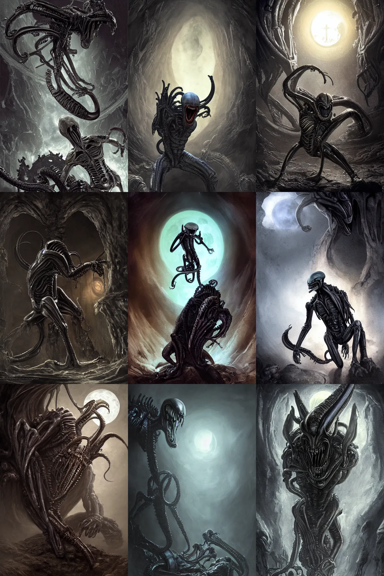 Prompt: xenomorph from alien crouching inside of an ancient ghostly cathedral, moonlight coming through a hole and landing on the creature, digital painting, gothic, alien, amazing value control, frank frazetta, dramatic lighting, muted colors, sharp focus, focused light, 8 k, dark colors, in the style of dark souls and elden ring