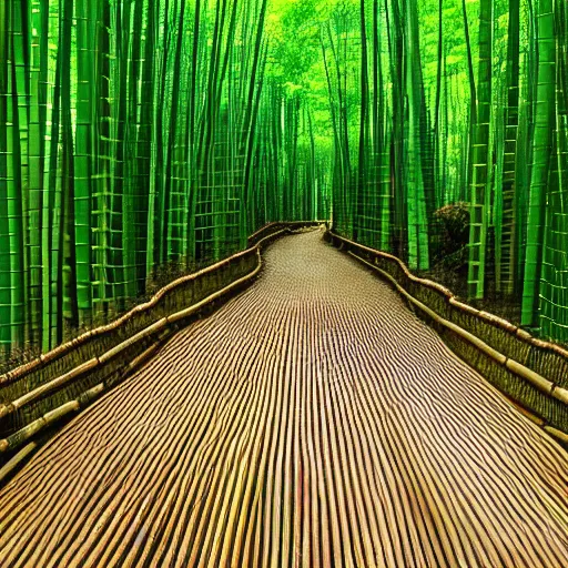 Prompt: round stone path in bamboo forest