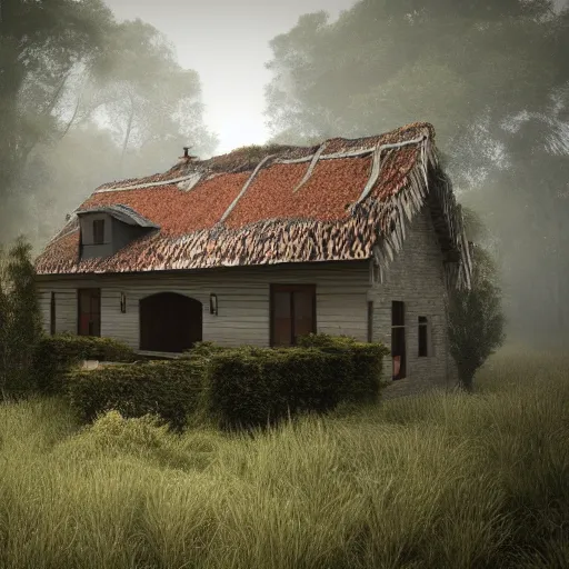 Image similar to render fog highly detailed village house day forest horror fear