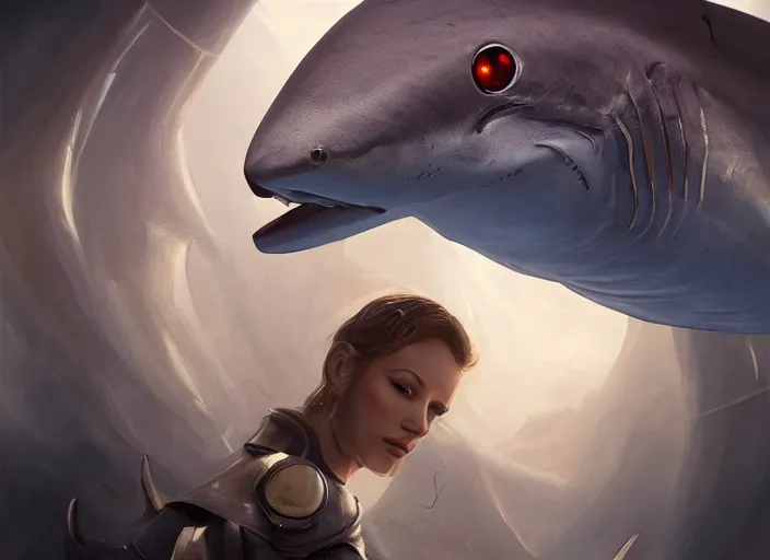 Prompt: beautiful oil matte portrait painting, thresher shark in knight chestplate, no helmet, blue shark, fantasy, wonderful masterpiece highly detailed, scifi, beautiful cinematic light deep focus, elegant, digital painting, smooth, sharp focus, golden ratio, dramatic illumination, ultra realistic, 8 k, art by jimmy law