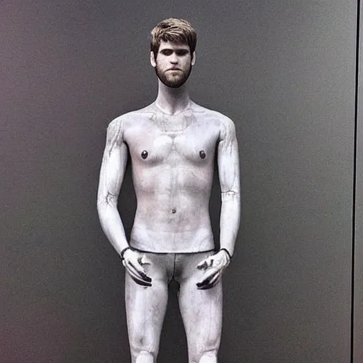 Image similar to “ a realistic detailed photo of a guy who is an attractive humanoid who is half robot and half humanoid, who is a male android, actor liam hemsworth, shiny skin, posing like a statue, blank stare, at the museum, on display ”