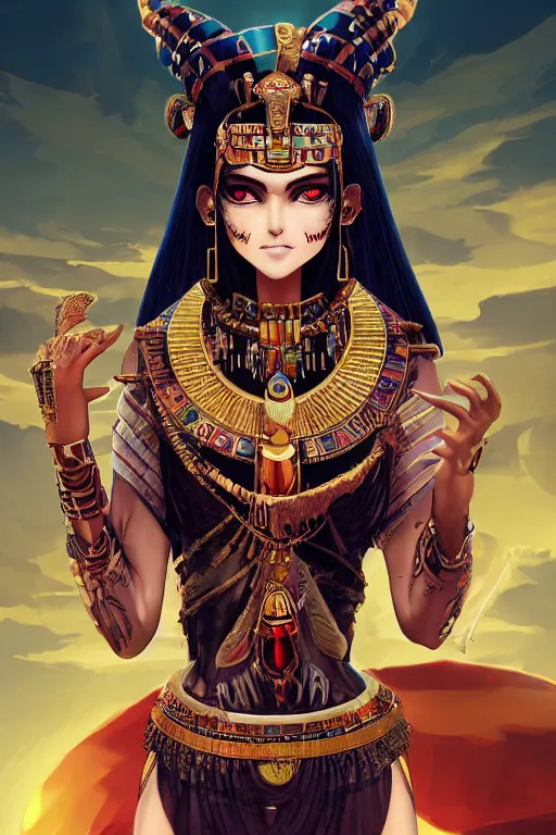 Prompt: a head to upper torso portrait of a smirking necromancer queen cleopatra, beautiful and detailed eyes, with pyramids and a giant crimson moon with the eye of ra in the background, by tite kubo and guweiz and stanley artgerm, dramatic lighting, manga cover, highly detailed, incredible quality, trending on artstation