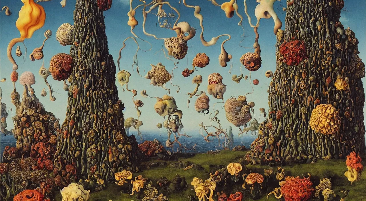 Image similar to a single colorful! ( lovecraftian ) fungus tower white! clear empty sky, a high contrast!! ultradetailed photorealistic painting by jan van eyck, audubon, rene magritte, agnes pelton, max ernst, walton ford, andreas achenbach, ernst haeckel, hard lighting, masterpiece