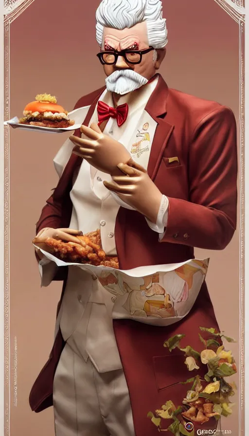 Prompt: a full body portrait of colonel sanders the fried chicken god, presenting the zinger burger!! extremely beautiful, anatomically accurate, by artgerm and by greg rutkowski and by alphonse mucha and by simon bisley, radiant light, detailed and intricate environment,