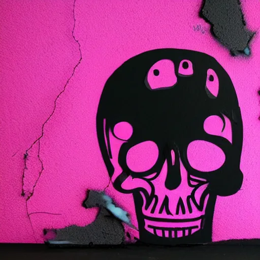 Image similar to a 3 d wireframe pink cartoon skull spray painted on a black background with dripping pink spray paint, three fourths view, graffiti, black background!!!!!