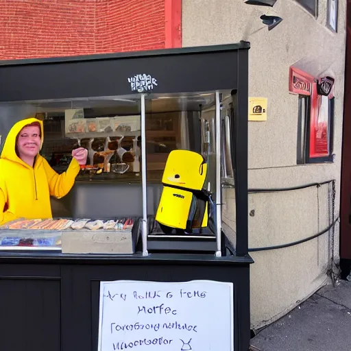 Image similar to a moose with a yellow hoodie selling coffee at a stand in downtown peterborough new hampshire, realistic, 8 k