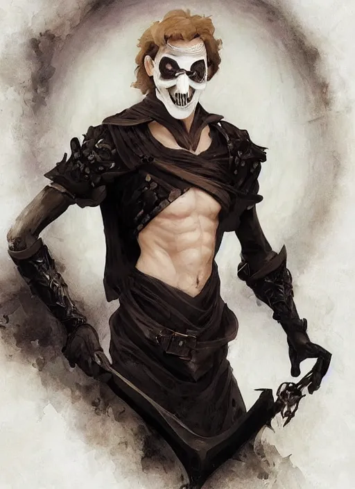 Image similar to character concept portrait of an attractive young smirking Spanish wizard with pale white skin and wearing parital skeleton mask while enchanting a dark seduction spell, a floating burning spell book in the center, intricate, elegant, digital painting, concept art, smooth, sharp focus, illustration, from Metal Gear, by Ruan Jia and Mandy Jurgens and William-Adolphe Bouguereau, Artgerm