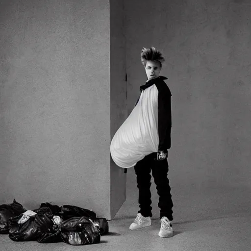 Image similar to the 2 0 2 2 award winning photo of justin bieber wearing a trash bag, cinematic, atmospheric, susan worsham photograph