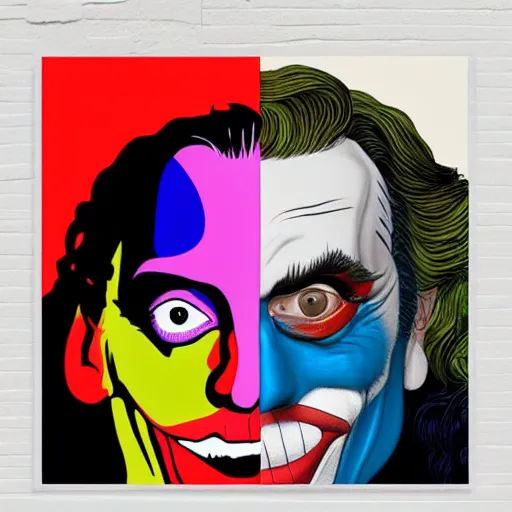 Image similar to richard hamilton and mimmo rottela as lady gaga harley queen and joaquin phoenix joker kissing, pop art, medium long shot, 2 color, justify content center, object details, dynamic composition, 4 k, ultra realistic art, smooth, sharp focus, illustration, concept art, intricate details, h 7 6 8