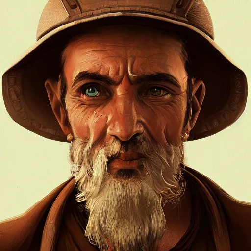 Image similar to a portrait of a man who sells me canteens warning me of the desert, artstation, cgsociety