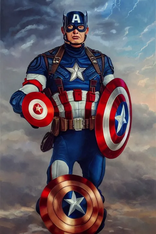 Image similar to hyperrealistic painting of Donald Trump as Captain America, D&D, fantasy, photorealism, accurate depiction, intricate, elegant, highly detailed, digital painting, post processing, extremely detailed, face symmetry, artstation, concept art, matte, smooth, sharp focus, illustration, art by Artgerm and Greg Rutkowski and Alphonse Mucha, oil painting, 8k