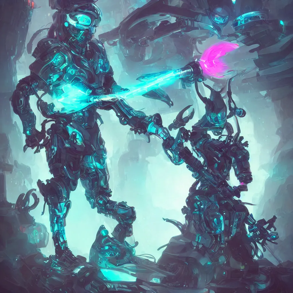 Prompt: action portrait of a beautiful futuristic robot barbarian, massive glowing neon axe, realistic, artgerm and peter mohrbacher style, intrincate detailing, cyberpunk