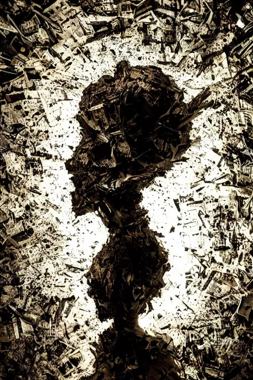 Prompt: a dark high quality studio portrait of an exploding human head made from antique newspaper, intricate, morbid, dark cinematic lighting, surreal photography, style by ashley wood