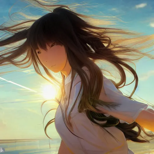 Prompt: a girl is running, sport clothing, anime style, long hair, hair down, symmetrical facial features, from arknights, hyper realistic, highly detailed, rule of thirds, extreme detail, detailed drawing, trending artstation, realistic lighting, sport magazine, by alphonse mucha, greg rutkowski, sharp focus, backlit, real faces, realistic anatomy