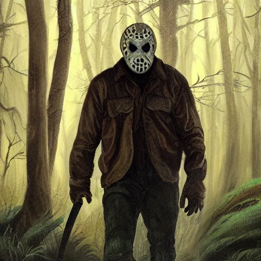 Image similar to A painting image of Jason Voorhees in the woods foggy very detail 4K quality super realistic