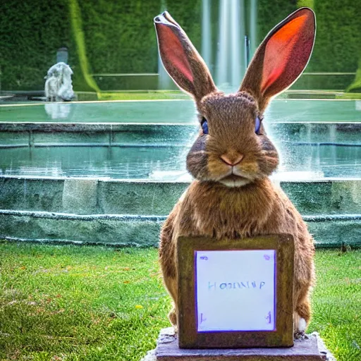 Prompt: a rabbit standing by the fountain of The Hermitage