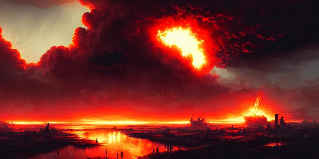 Image similar to atomic bomb explosion in the philippines, detailed intricate illustration, dark atmosphere, detailed illustration, hd, 4 k, digital art, overdetailed art, by greg rutkowski, by loish, complementing colors, trending on artstation, deviantart