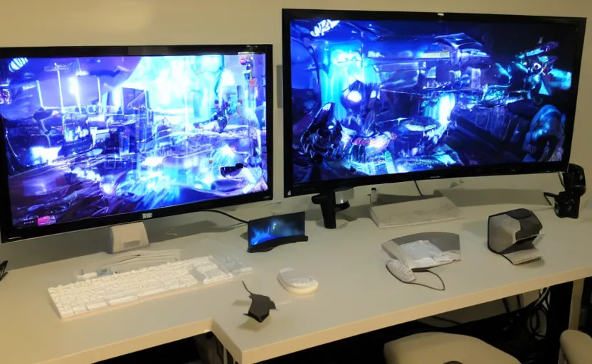 Prompt: futuristic gaming setup with white lighting, hd photograph, highly detailed, intricate, sharp focus