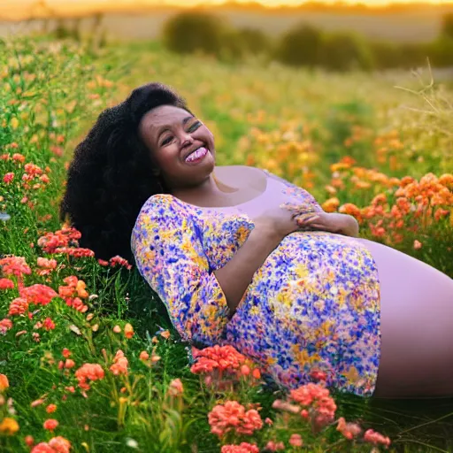 Image similar to pregnant black woman with curly hair in a vast field of flowers, laying down, a tiny black puppy running around, golden hour, vintage, impressionist painting, fine art, oil painting, dreamy, pastel, laughing, happy, intricate details, sharp, peaceful, serene