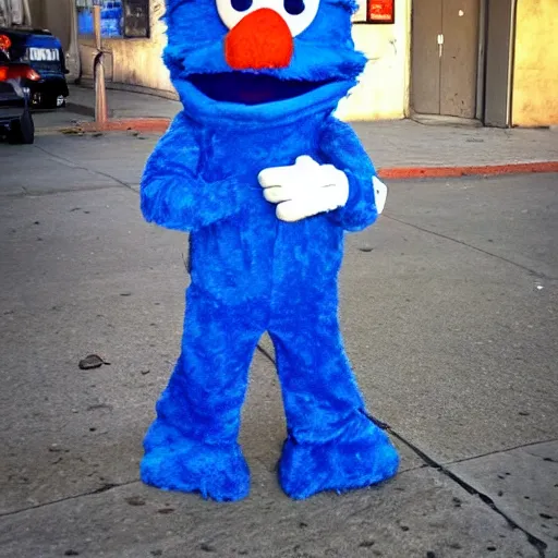 Prompt: Homeless Elmo holding a glass pipe at Skid Row