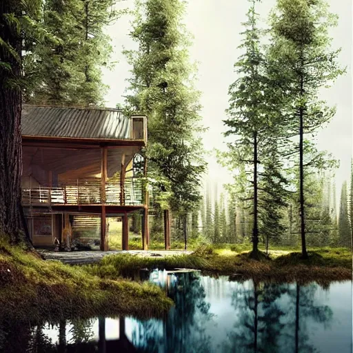 Prompt: a cabin in the woods, pine trees and a pond by Klaus Wittmann