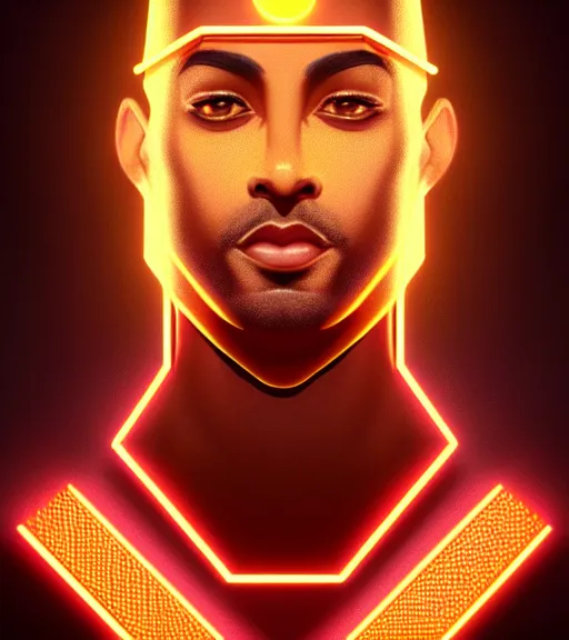 Image similar to symmetry!! egyptian king of technology, solid cube of light, hard edges, product render retro - futuristic poster scifi, lasers and neon circuits, brown skin handsome egyptian king, intricate, elegant, highly detailed, digital painting, artstation, concept art, smooth, sharp focus, illustration, dreamlike, art by artgerm