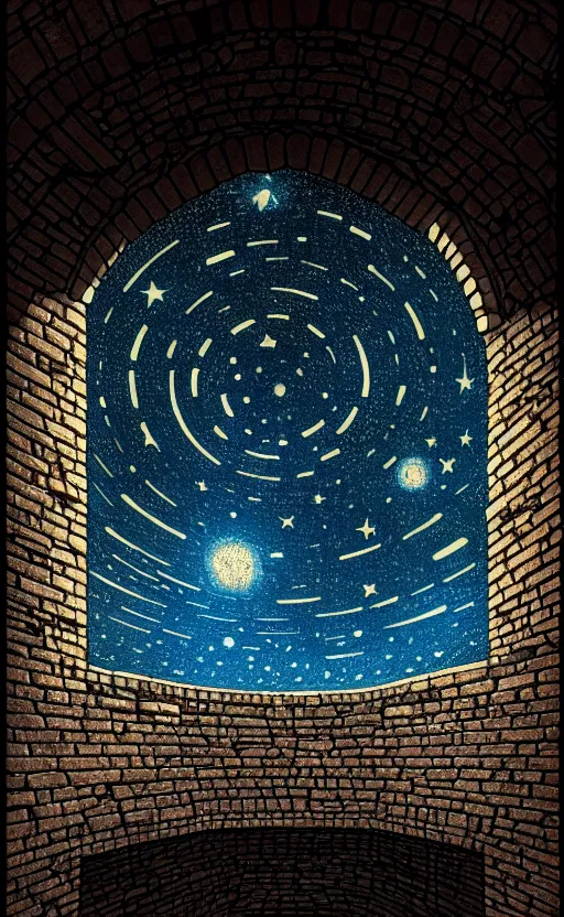 Image similar to stone brick wall inside of a castle, round window looking out to the starry night sky laboratory, high details, intricately detailed, by vincent di fate, inking, 3 color screen print, masterpiece, trending on artstation,, sharp, details, hyper - detailed, hd, 4 k, 8 k