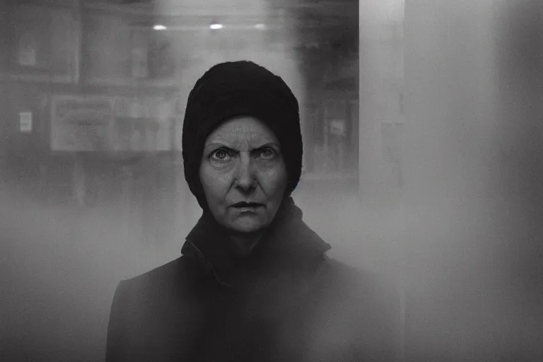 Image similar to an ultra realistic cinematic headshot portrait of an evil scientist, stood outside a corner shop, foggy, detailed, deep focus, movie still, dramatic lighting, by fay godwin