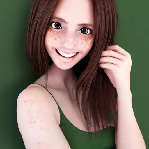 Image similar to Render of April, a cute 3D young woman, long shiny bronze brown hair, full round face, green eyes, medium skin tone, light cute freckles, light blush, smiling softly, wearing casual clothing, interior lighting, cozy living room background, medium shot, mid-shot, hyperdetailed, hyperreal, trending on Artstation, Unreal Engine, 4k