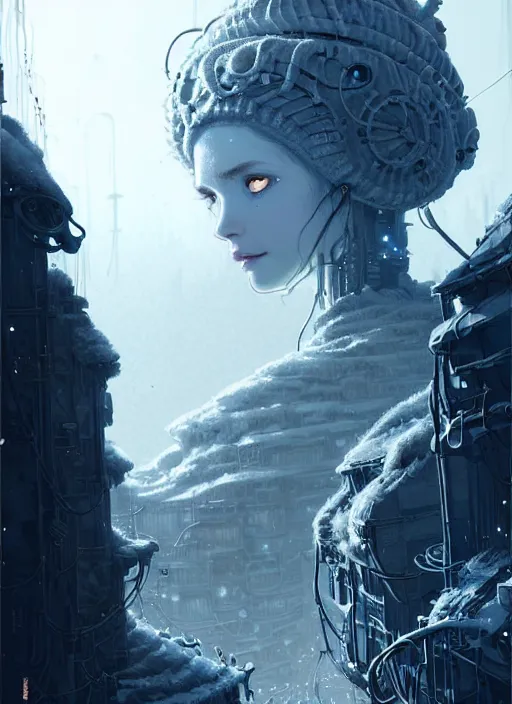 Image similar to highly detailed portrait of a frostpunk long curly white hair tribal lady, stray wiring by atey ghailan, james gilleard, by joe fenton, by greg rutkowski, by greg tocchini, by kaethe butcher, 4 k resolution, gradient blue, black and white color scheme!!! ( ( glaciated robotic dystopian city background ) )