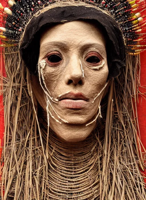 Image similar to a portrait of a mummified woman, ritualistic burial, pagan empress with closed eyes, decorated with beads and feathers and twigs, cobwebs, photorealistic, beautiful hyper realistic painting, detailed portrait