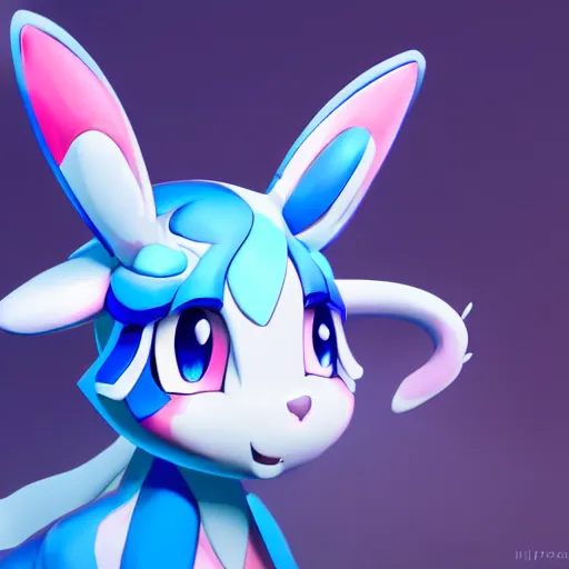 Image similar to aesthetic portrait of a shiny blue sylveon, hyperrealistic, super cute, character design, artstation, 4 k, ultra detailed digital art