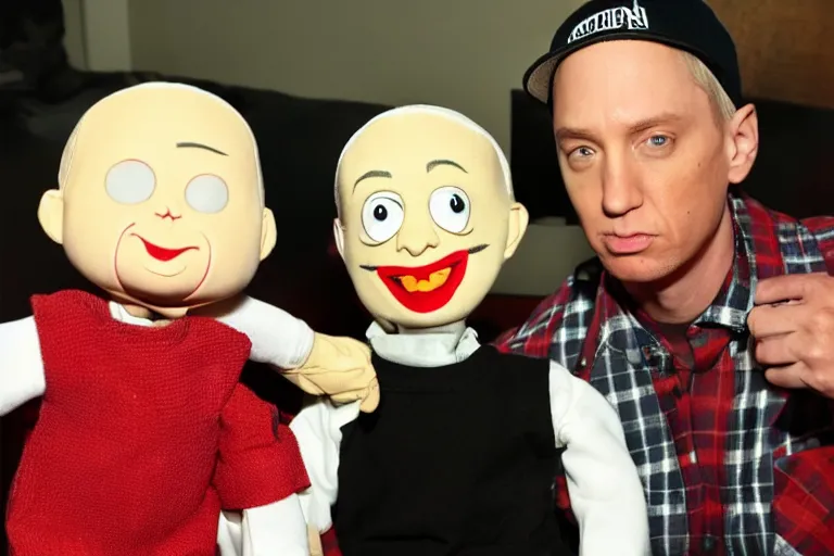 Image similar to Eminem as a ventriloquist doll, hyperrealistic