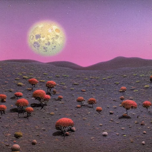 Image similar to a landscape on the moon with many craters, barren moon landscape, in a big crater at the center there is a beautiful flowering garden, 8 k, lowbrow in the style of martin johnson heade, roger dean, mark ryden and daniel merriam,