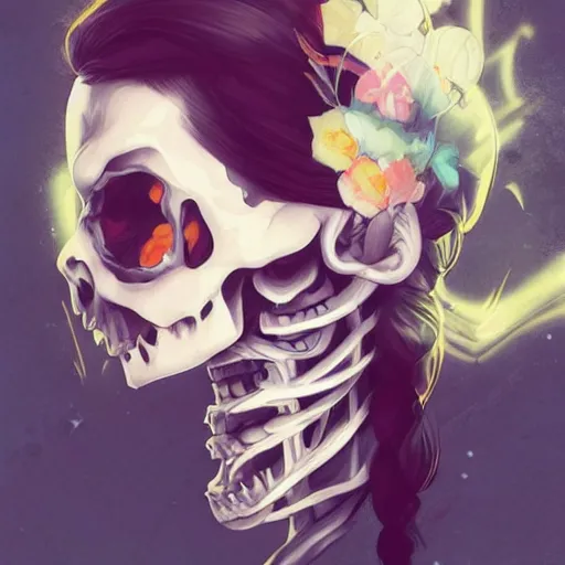 Image similar to anime manga skull portrait young woman skeleton, artgerm, painterly, impressionist, graffiti, key lighting, art by jc leyendecker and sachin teng