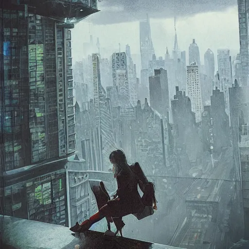 Image similar to “ a girl on a ledge overlooking futuristic new york city, ghostpunk, heavy rain, high detail, by moebius ”