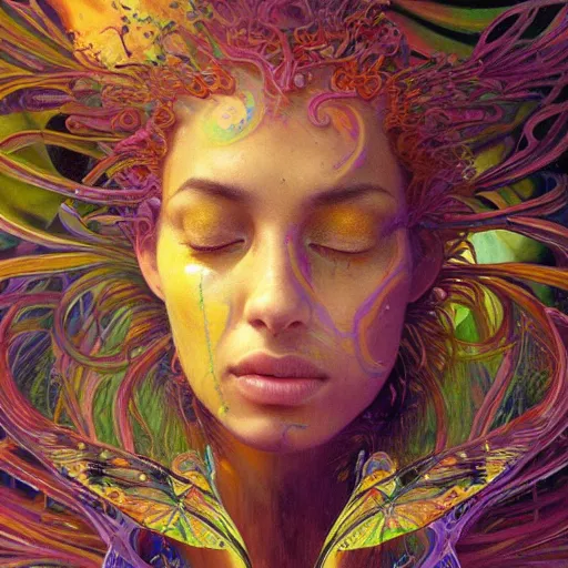 Image similar to A reality bending psychedelic ayahuasca experience in semi darkness with many fire flies, colorful, distorted, surreal, tropical bird feathers, dramatic lighting on the face, intricate, elegant, highly detailed, digital painting, concept art, smooth, sharp focus, illustration, art by Krenz Cushart and Wayne Barlowe and alphonse mucha